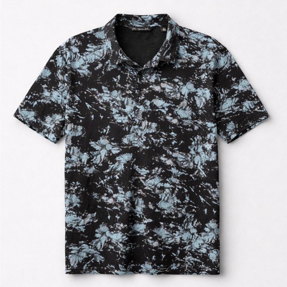 Travis Mathew Black and Blue Leaf Print Golf Shirt